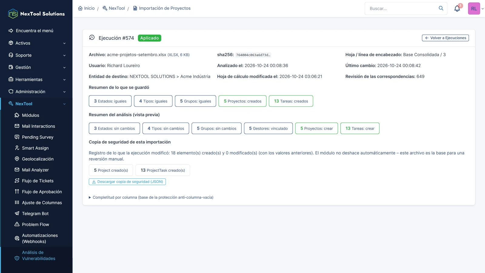Informe de la importación aplicada: 5 proyectos y 13 tareas creados en una sola transacción, 5 responsables vinculados y copia de seguridad en JSON para descargar
