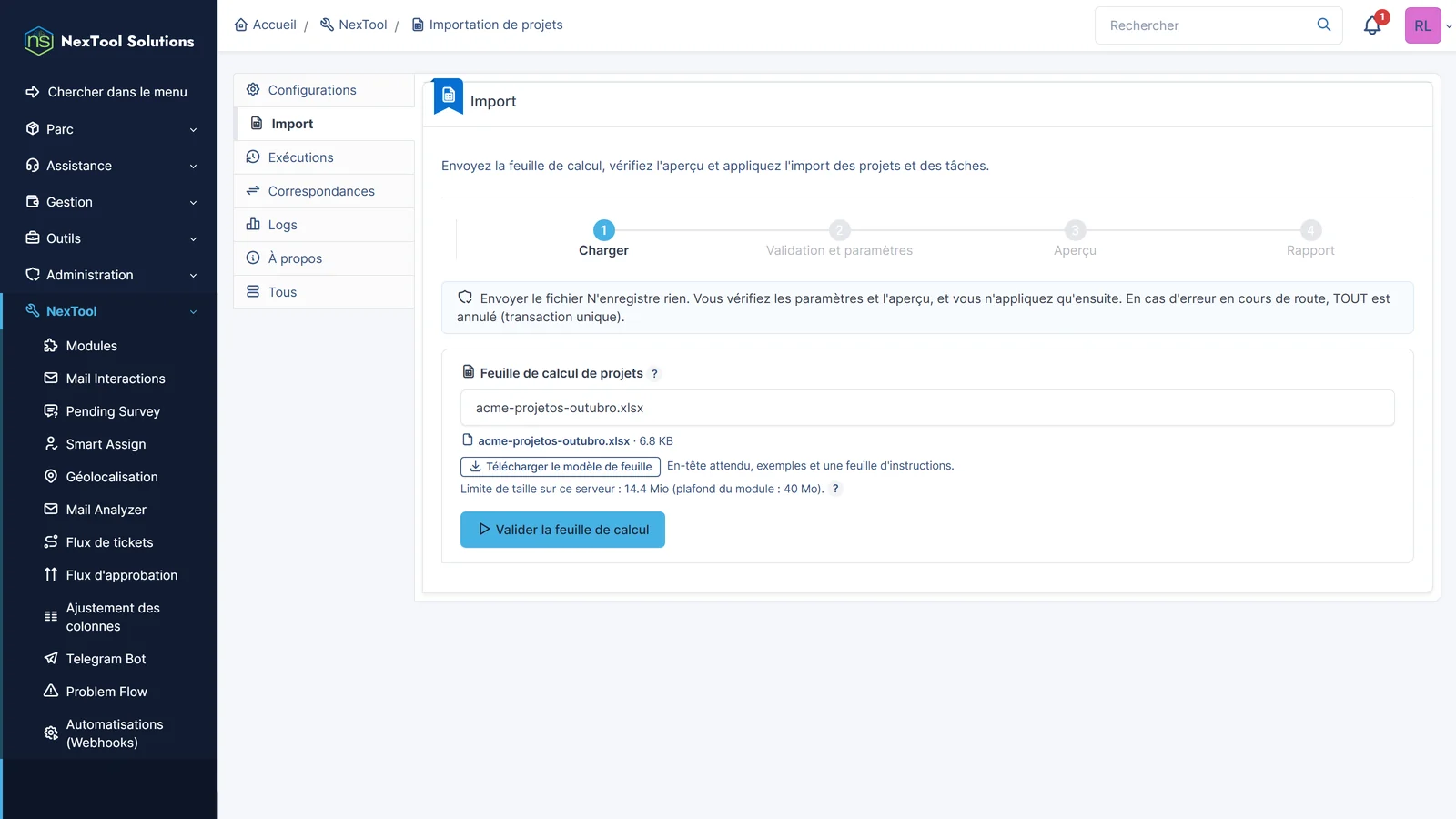 Étape 1 de l'import de projets dans GLPI : la feuille Excel des projets d'Acme chargée pour validation, avec un modèle à télécharger et le rappel que l'envoi du fichier n'écrit rien