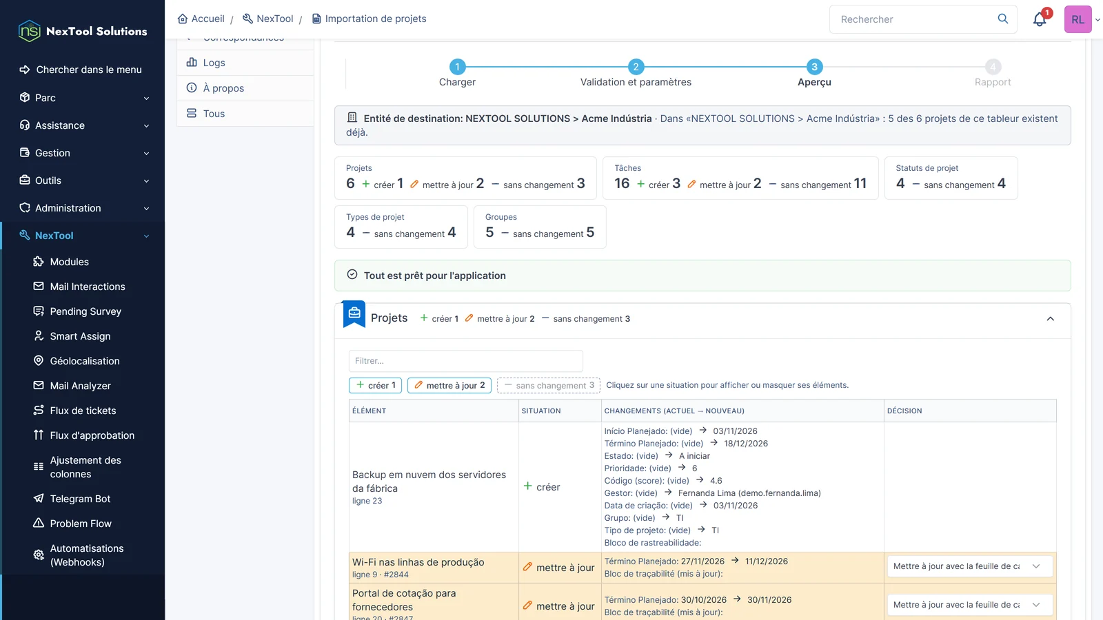 Aperçu avant validation : 1 projet à créer et 2 à mettre à jour, avec la valeur actuelle et la nouvelle de chaque champ et une décision élément par élément