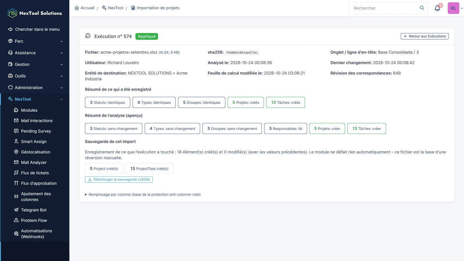 Rapport de l'import appliqué : 5 projets et 13 tâches créés en une seule transaction, 5 responsables associés et sauvegarde JSON à télécharger