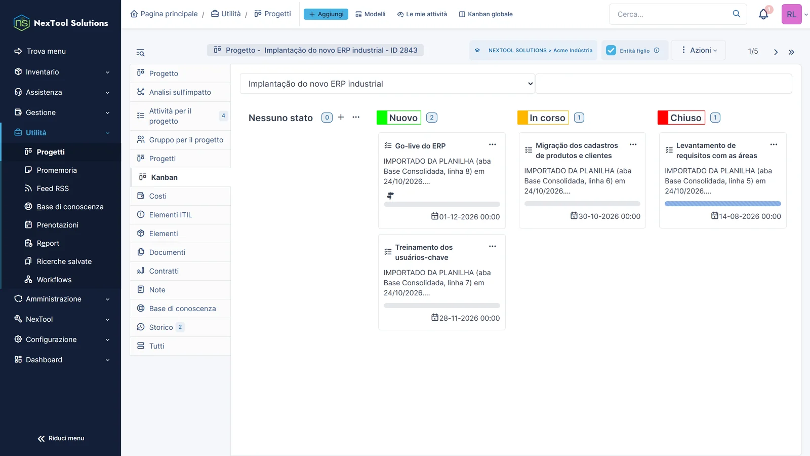 Kanban del progetto importato: attività per stato, ognuna con la riga del foglio da cui proviene