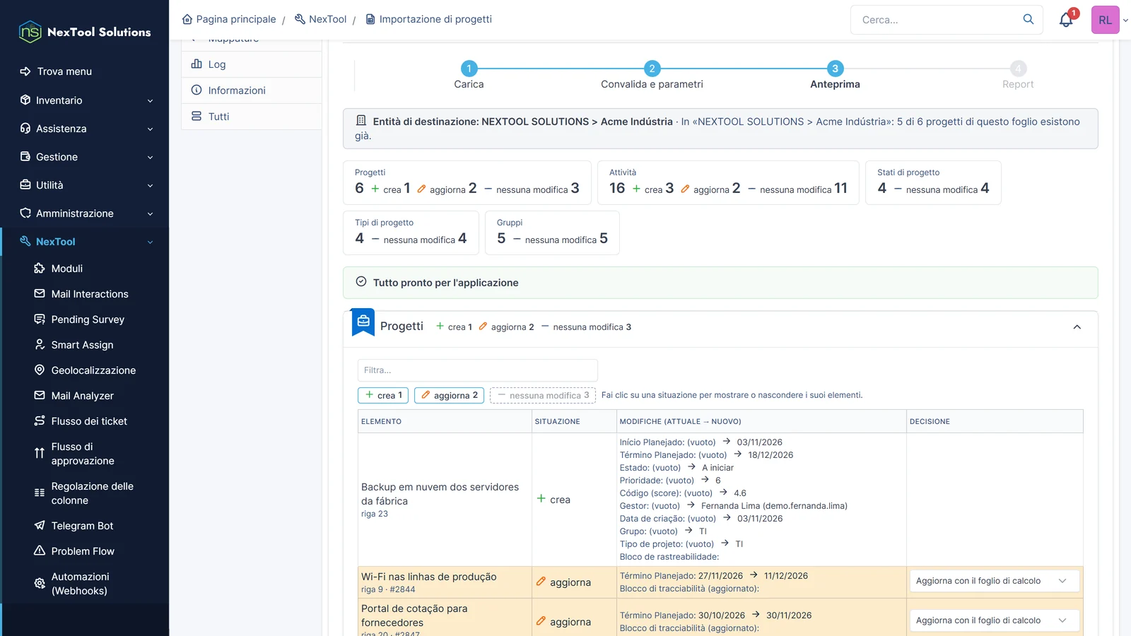 Anteprima prima di applicare: 1 progetto da creare e 2 da aggiornare, con il valore attuale e quello nuovo di ogni campo e la decisione elemento per elemento