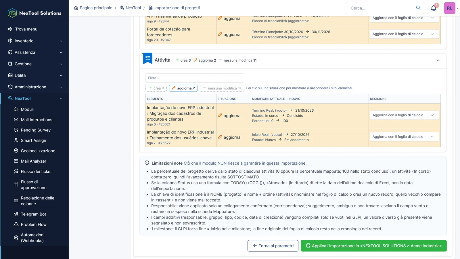 Anteprima delle attività che cambiano: fine effettiva, stato e percentuale prima e dopo, ognuna con la scelta di aggiornare o lasciare com'è in GLPI