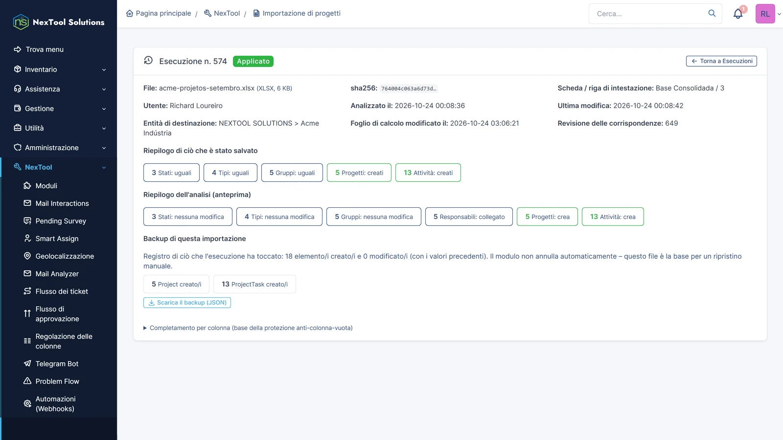Report dell'importazione applicata: 5 progetti e 13 attività creati in un'unica transazione, 5 responsabili collegati e backup JSON da scaricare