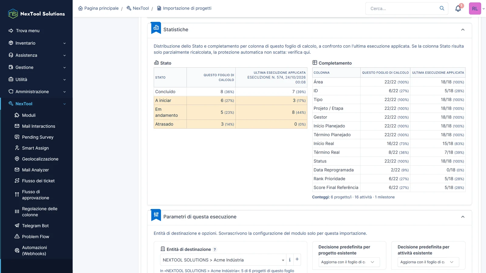 Passo 2: statistiche del foglio, con la distribuzione degli stati e la compilazione di ogni colonna confrontate con l'ultima importazione applicata