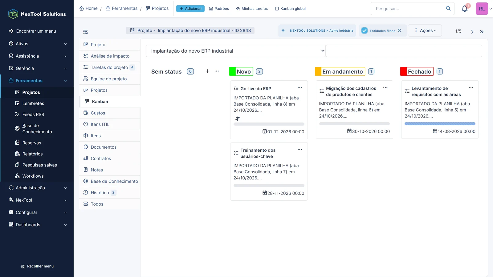 Kanban do projeto importado: tarefas por estado, cada uma com a linha da planilha de onde veio