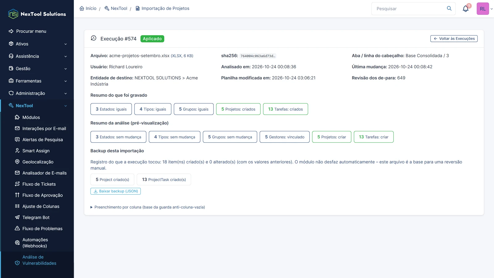 Relatório da importação aplicada: 5 projetos e 13 tarefas criados numa transação única, 5 gestores associados e cópia de segurança em JSON para descarregar