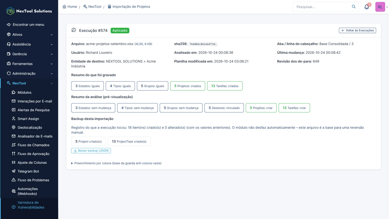 Relatório da importação aplicada: 5 projetos e 13 tarefas criados numa transação única, 5 gestores vinculados e backup em JSON para download