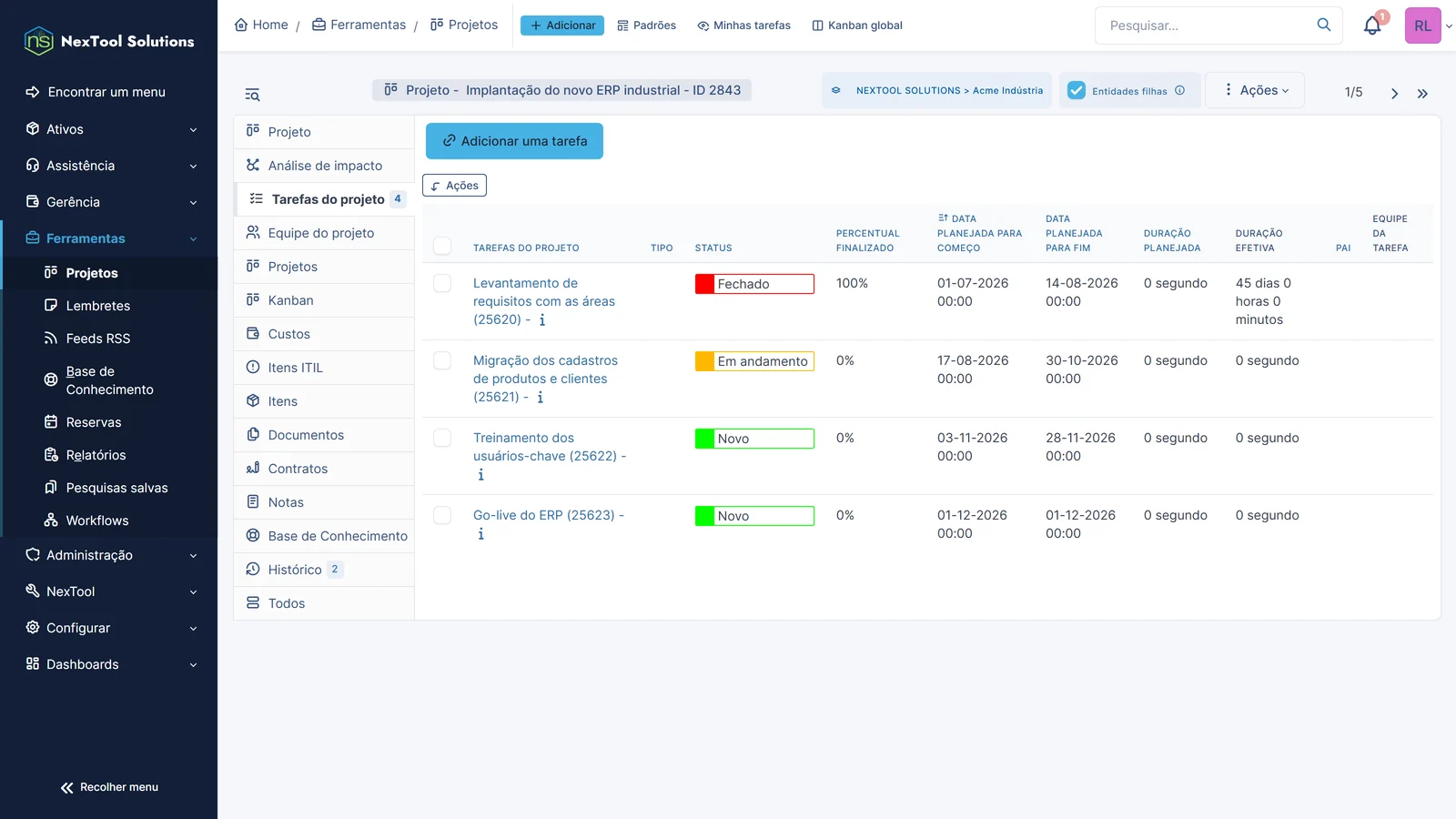 Tarefas de um projeto importado no GLPI com status, percentual e datas planejadas vindos da planilha