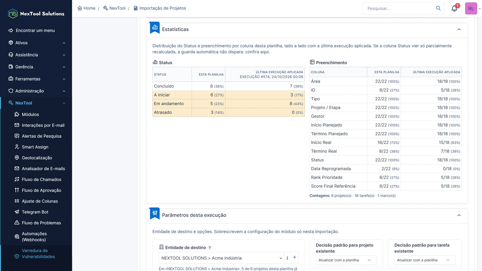 Etapa 2: estatísticas da planilha, com a distribuição dos status e o preenchimento de cada coluna comparados à última importação aplicada