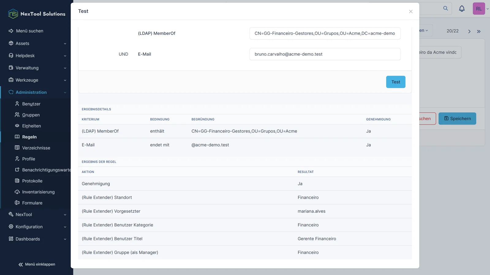 Test-Schaltfläche der Regel: Mit AD-Gruppe und E-Mail eines Managers zeigt GLPI die Rule-Extender-Aktionen, die auf den Benutzer angewendet werden