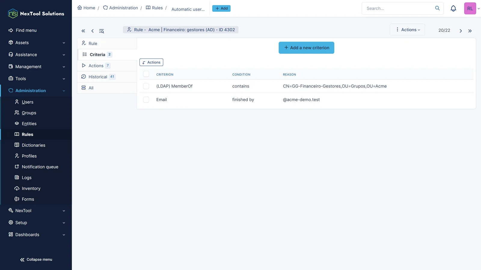 Критерии правила прав: группа AD/LDAP (MemberOf) и домен e-mail, те же встроенные критерии GLPI