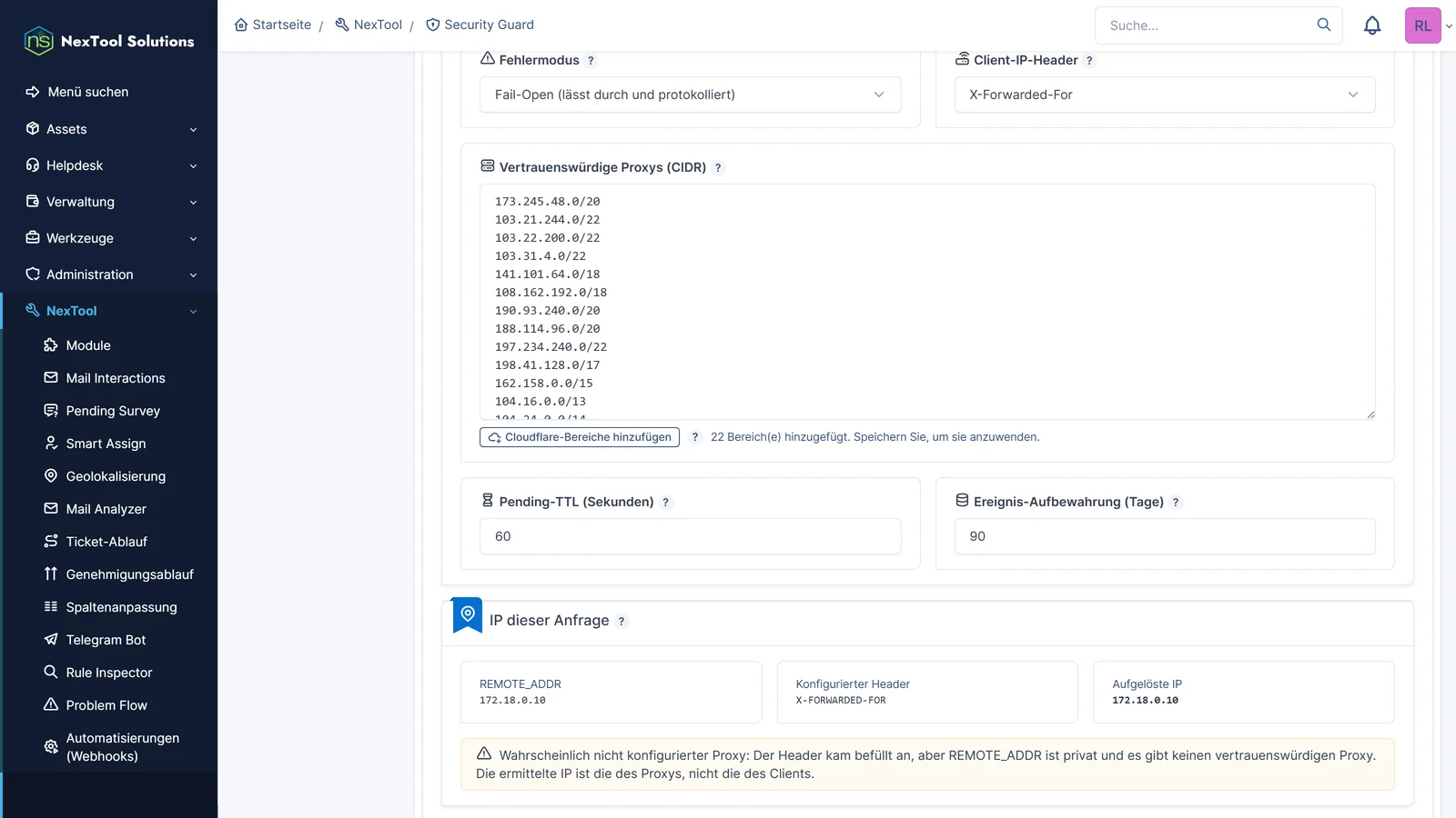 Einstellungen von Security Guard: die Schaltfläche Cloudflare-Bereiche hinzufügen trägt die vertrauenswürdigen Proxys ein, damit die echte Benutzer-IP hinter dem CDN gelesen wird