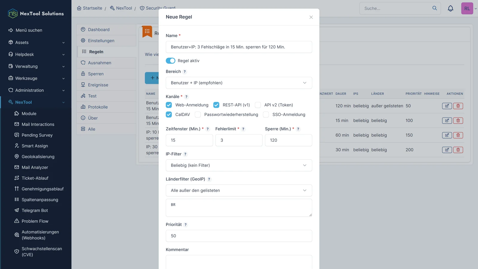 Regelformular von Security Guard: Bereich Benutzer+IP, Kanäle Web-Anmeldung, REST-API und CalDAV, 3 Fehlschläge in 15 Minuten sperren 2 Stunden, alle Länder außer Brasilien