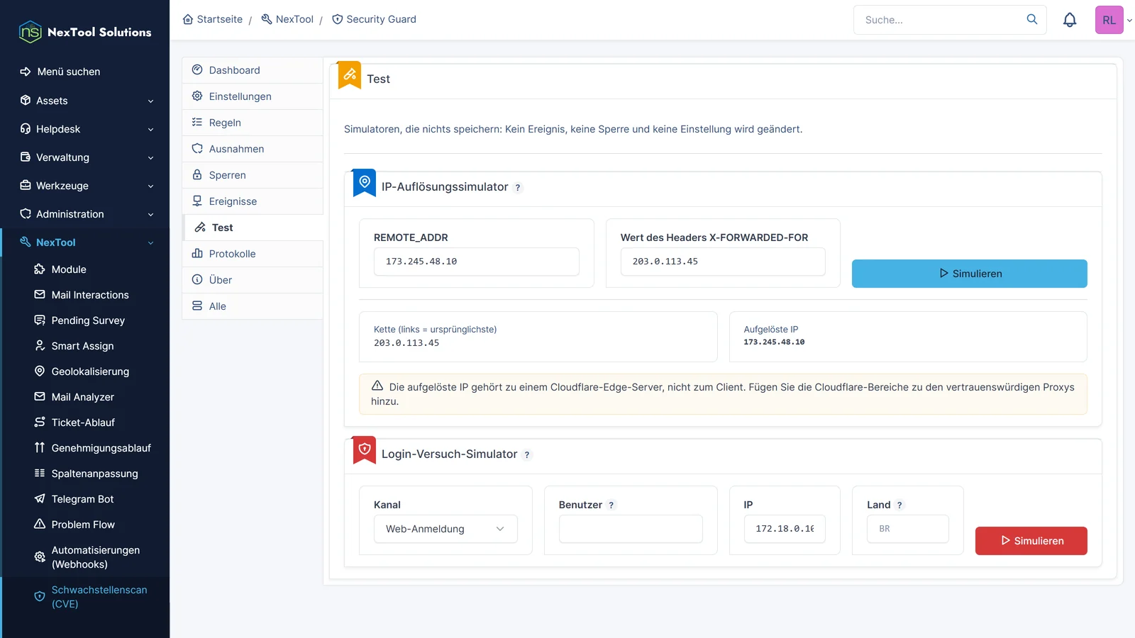 IP-Auflösungssimulator von Security Guard: die X-Forwarded-For-Kette und die Warnung, dass die aufgelöste IP ein Cloudflare-Edge ist und nicht der Client