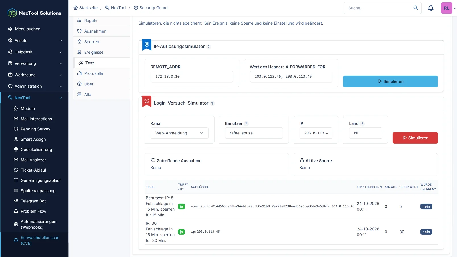 Simulator für Anmeldeversuche von Security Guard: Kanal, Benutzer, IP und Land zeigen, welche Regeln greifen würden, den Zähler und ob gesperrt würde, ohne etwas zu speichern