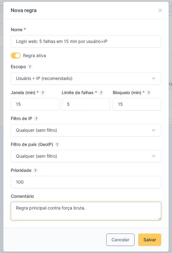 Formulario de regla de Security Guard con alcance Usuario más IP, ventana de 15 minutos, límite de 5 fallos y bloqueo de 15 minutos