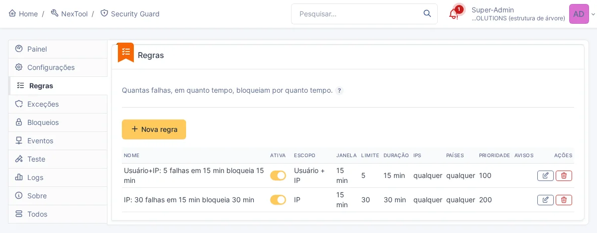 Lista de reglas de Security Guard con alcance, ventana, límite de fallos, duración del bloqueo, filtros de IP y de país y prioridad