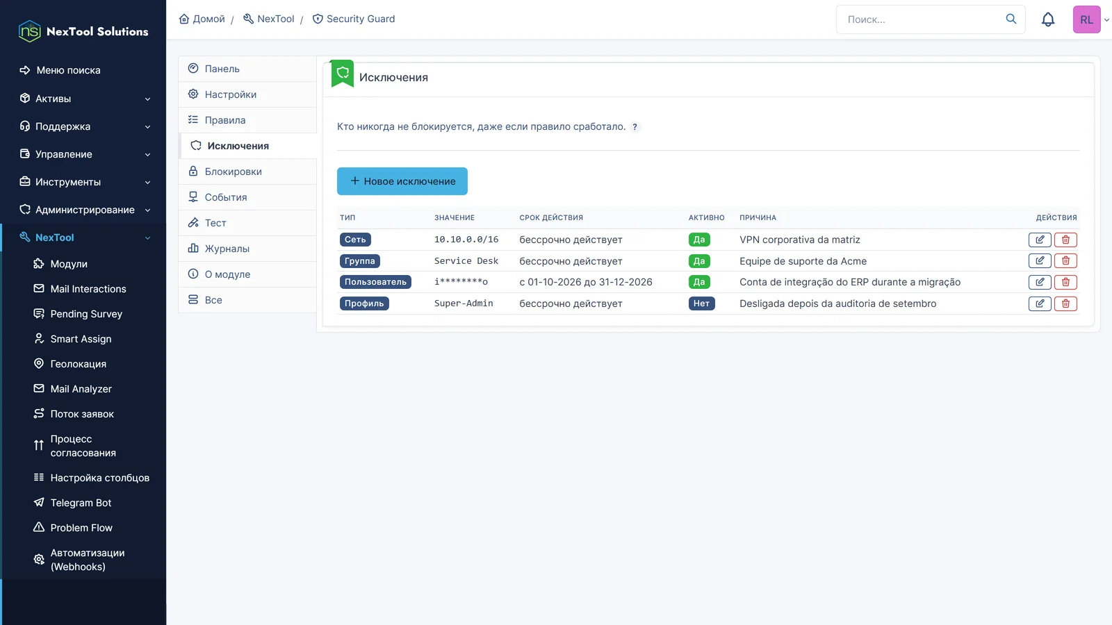 Вкладка «Исключения» Security Guard: сеть VPN, группа поддержки, учётная запись интеграции со сроком действия и профиль, которые никогда не блокируются