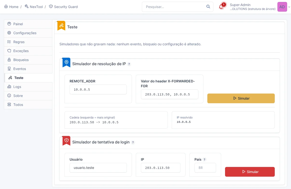 Simulador de resolución de IP de Security Guard con la cadena de X-Forwarded-For y la IP resuelta