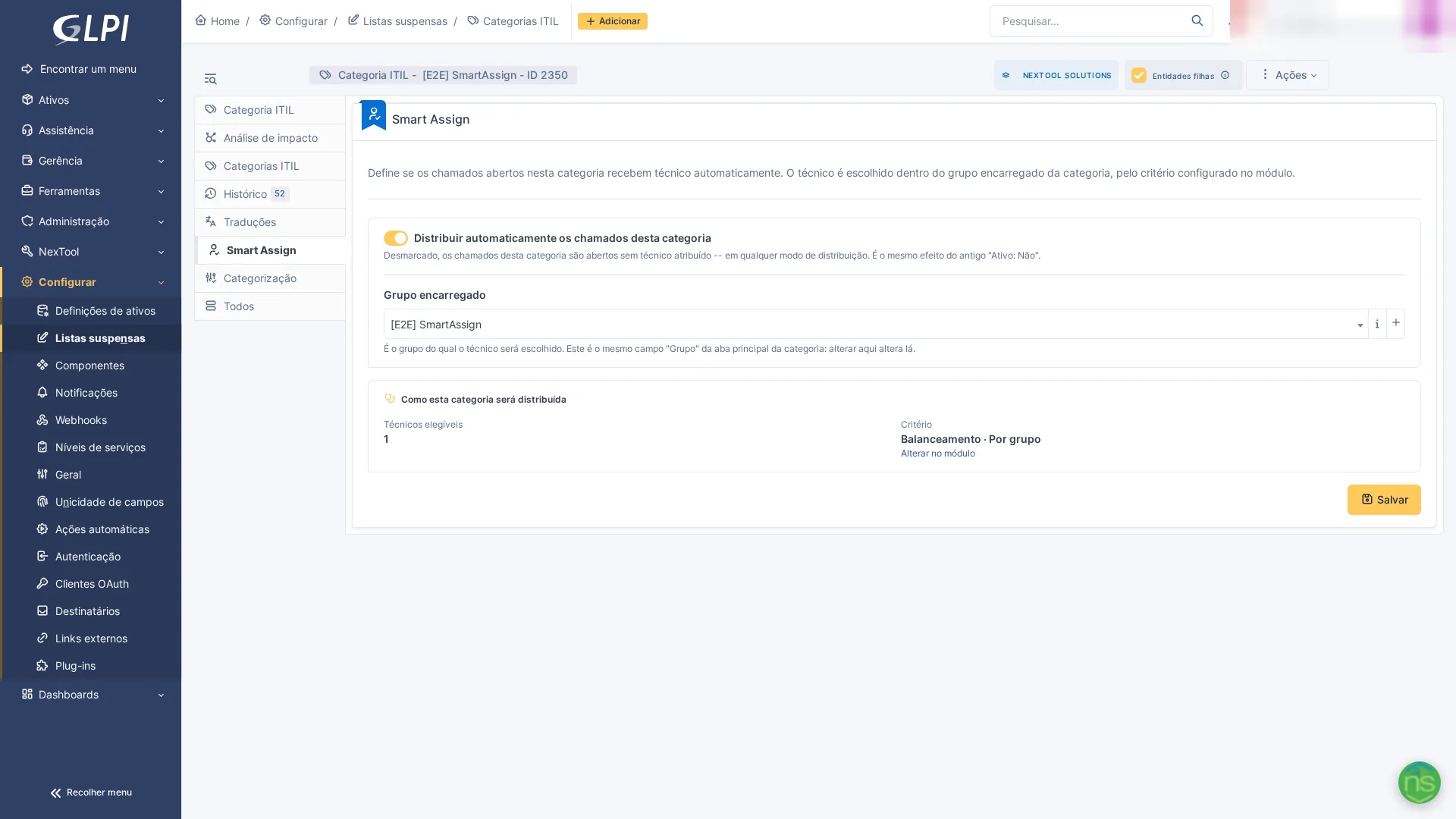 Pestaña Smart Assign de una categoría ITIL, con distribución automática activa, grupo responsable, técnicos elegibles y criterio de elección