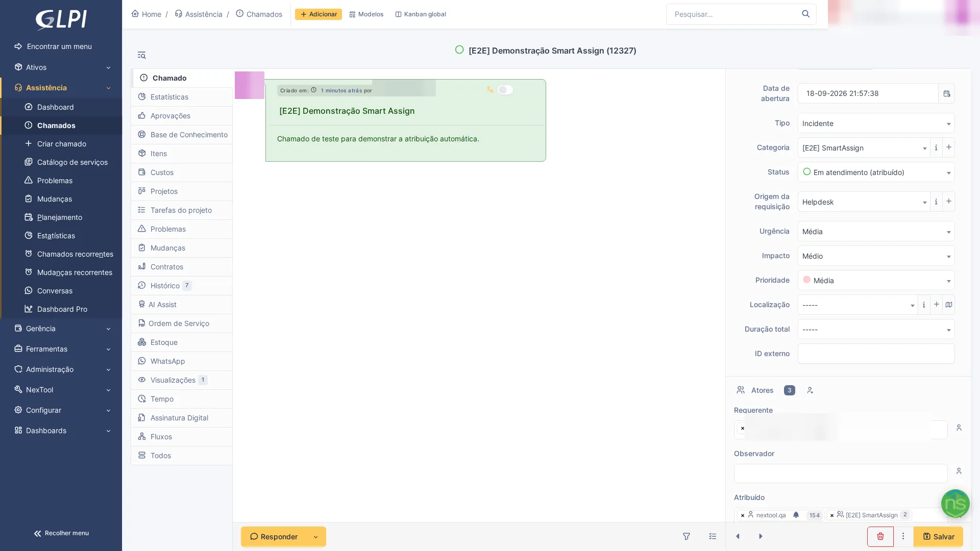 Ticket de prueba en GLPI asignado automáticamente por Smart Assign, mostrando la categoría y el estado En atención asignado