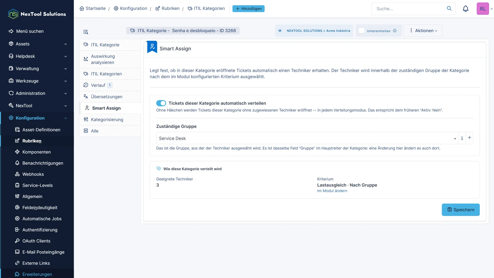 Reiter Smart Assign einer ITIL-Kategorie: automatische Verteilung aktiv, zuständige Gruppe Service Desk, drei berechtigte Techniker und Lastverteilung nach Gruppe