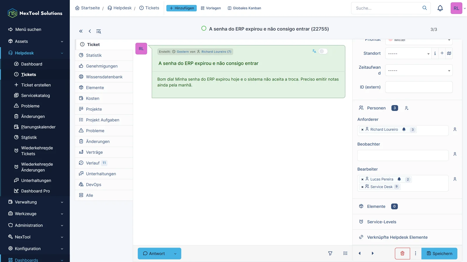 Neues GLPI-Ticket, von Smart Assign automatisch dem Techniker Lucas Pereira und der Gruppe Service Desk zugewiesen, ohne manuelle Auswahl