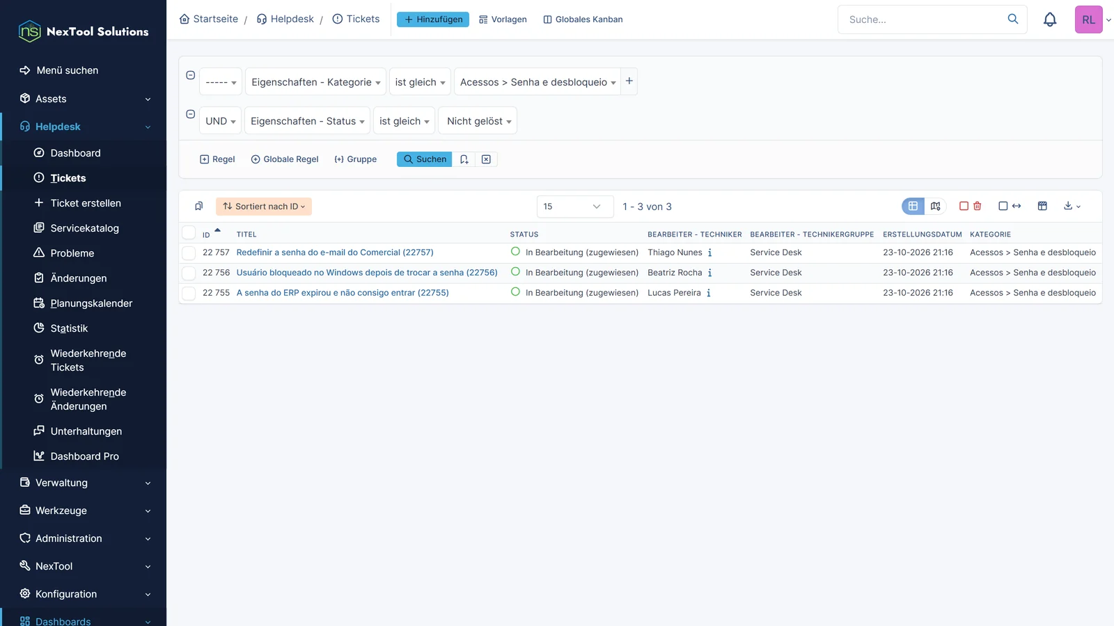 Tickets der Kategorie Passwort und Entsperrung, von Smart Assign verteilt, eines pro Techniker des Service Desk