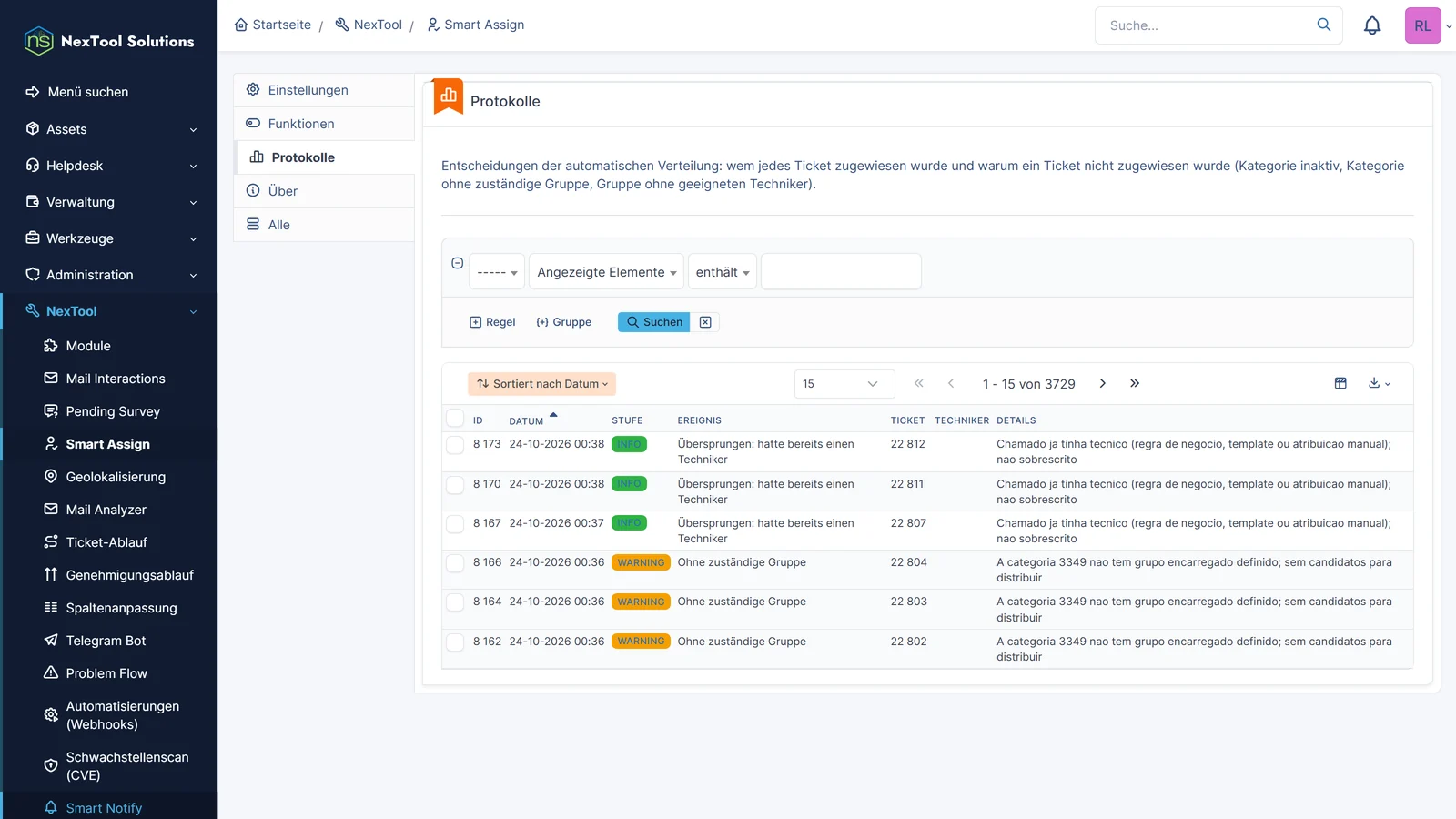 Reiter Logs von Smart Assign: jedes zugewiesene Ticket mit dem gewählten Techniker, dem Verteilungsmodus und der Kategorie