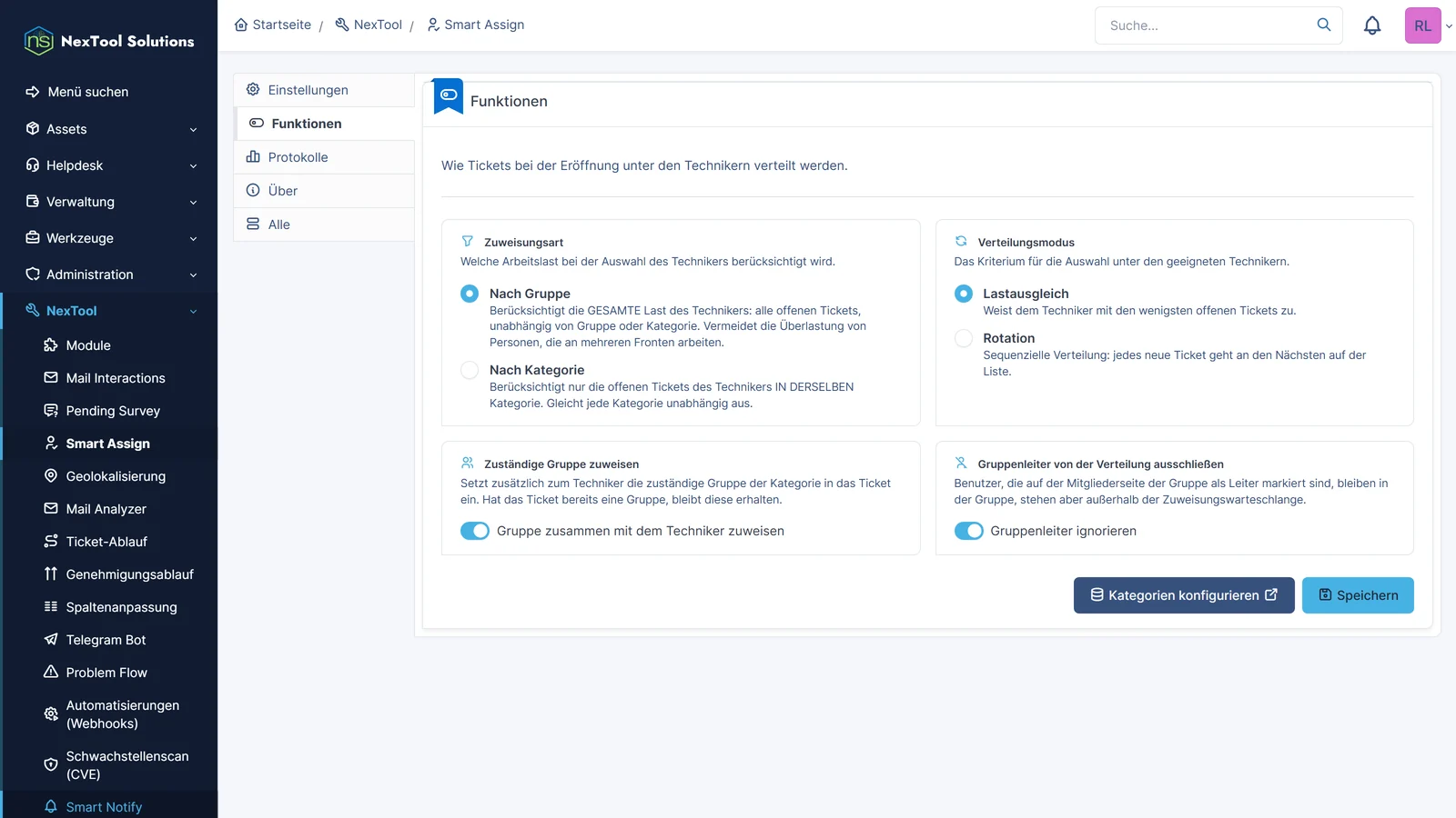 Reiter Funktionen von Smart Assign in GLPI: Zuweisung nach Gruppe oder Kategorie, Lastverteilung oder Rotation, Gruppe im Ticket und Gruppenleiter von der Verteilung ausgenommen