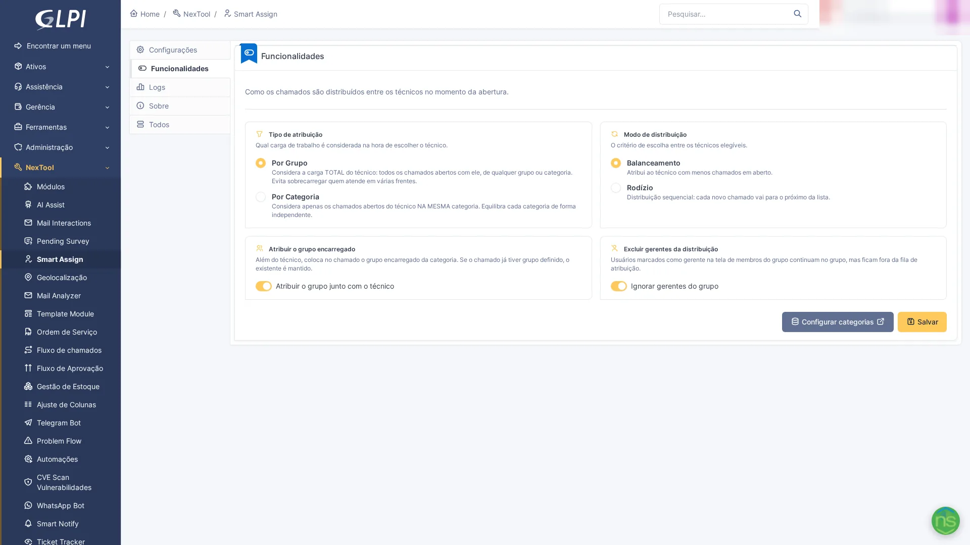 Pantalla de funcionalidades de Smart Assign en GLPI, con criterios de balanceo, rotación, asignación de grupo y exclusión de gerentes