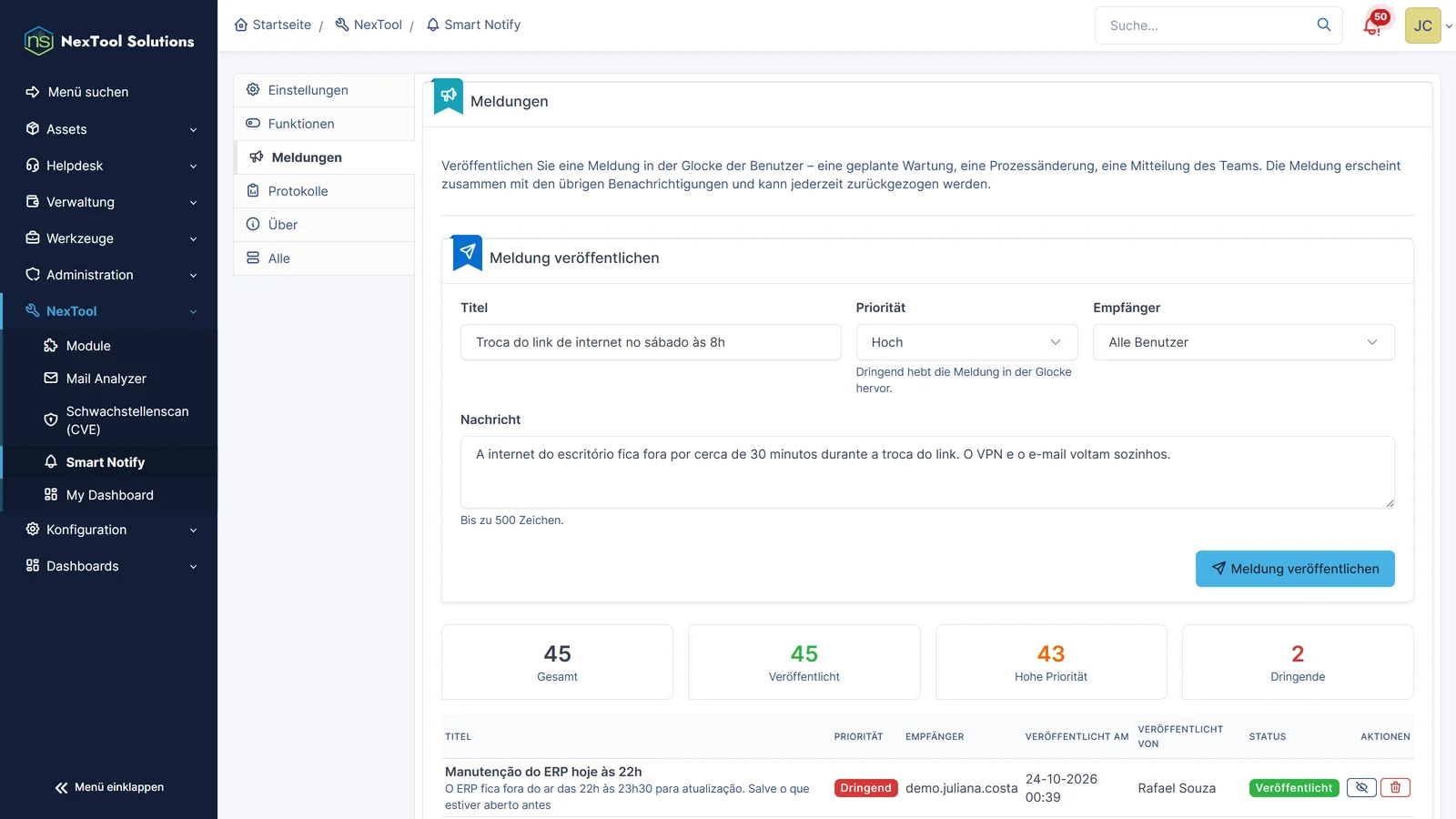 Registerkarte Meldungen von Smart Notify: Veröffentlichung einer Meldung in der Glocke der Benutzer mit Priorität und Empfänger sowie die Liste der aktiven Meldungen