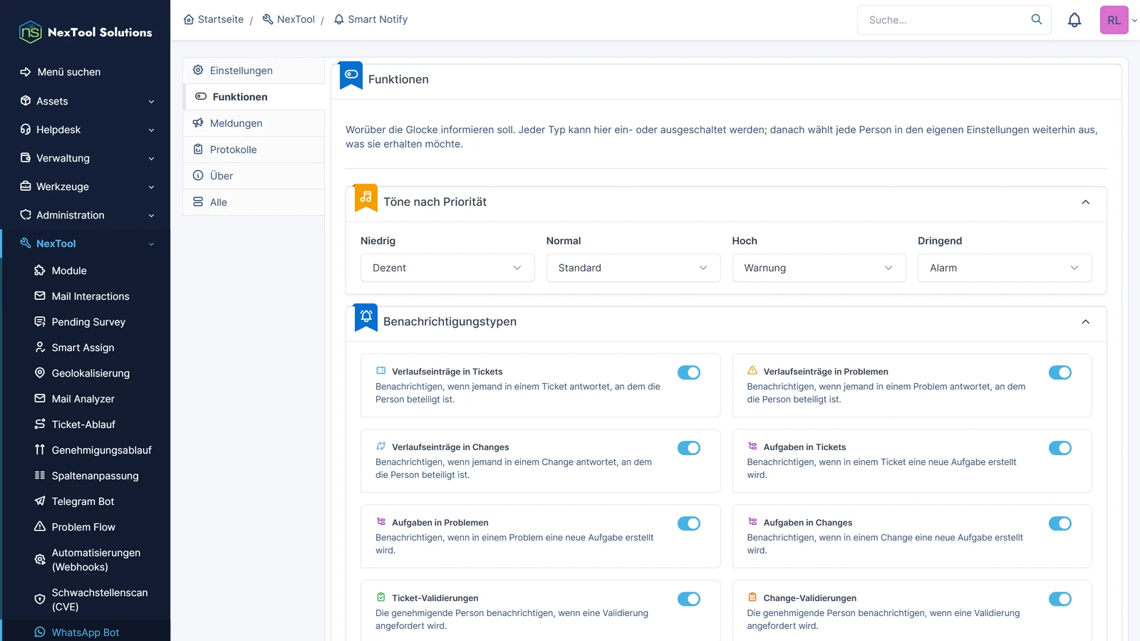Registerkarte Funktionen von Smart Notify: Töne nach Priorität und die Benachrichtigungsarten der Glocke, etwa Folgeeinträge, Aufgaben und Genehmigungen
