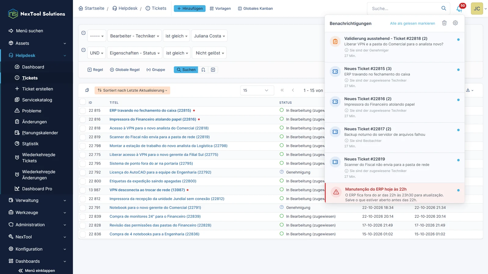 Geöffnete Smart-Notify-Glocke in GLPI mit einer ausstehenden Genehmigung, neu zugewiesenen Tickets und einem dringenden Wartungshinweis, jede Benachrichtigung mit ihrem Grund, etwa Sie sind der Genehmiger oder Sie sind der zugewiesene Techniker