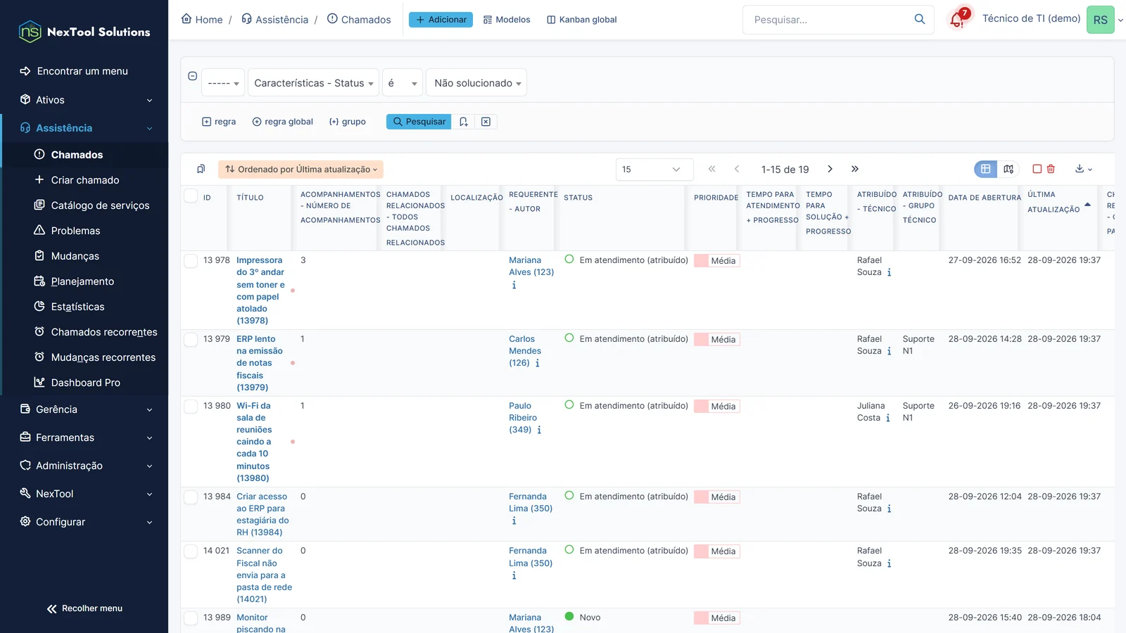 Lista de chamados do GLPI com o ponto vermelho do Smart Notify nos chamados que têm mensagens novas