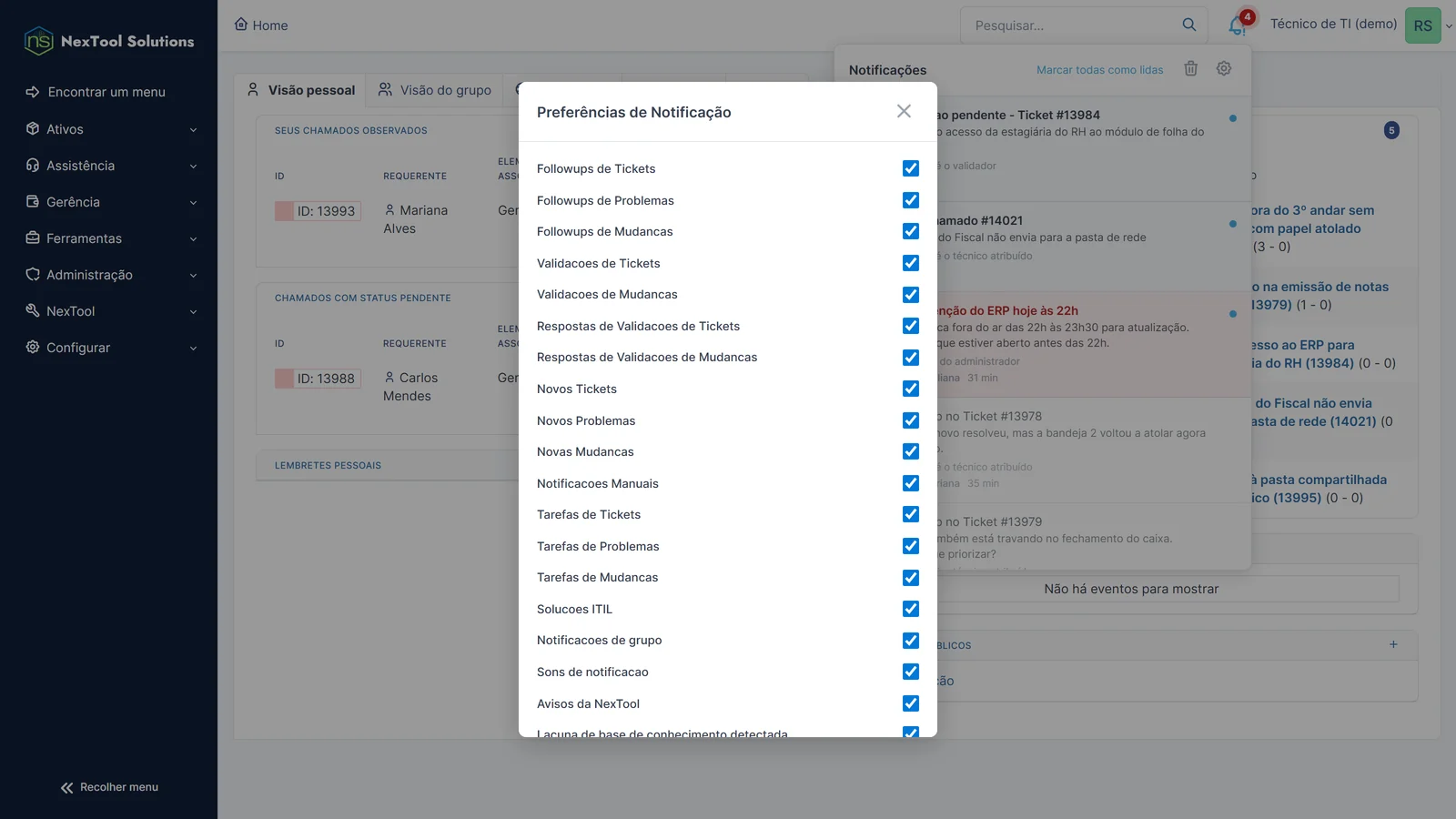 Preferências de notificação abertas pelo sino, com cada tipo de aviso ligado ou desligado pelo próprio usuário