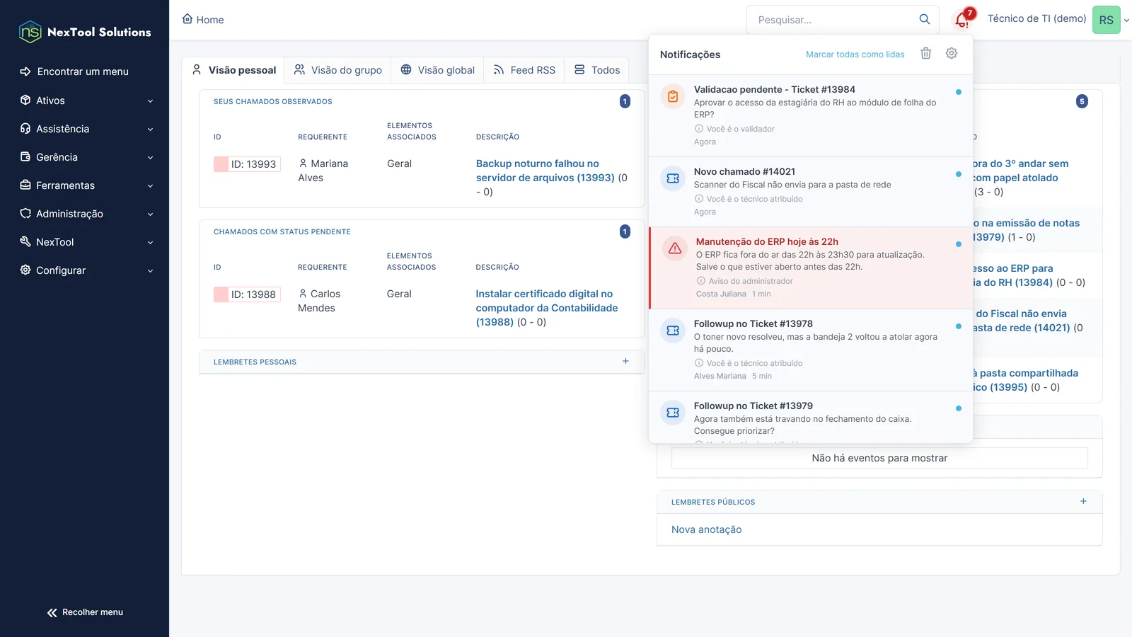 Sino do Smart Notify aberto no GLPI com aprovação pendente, chamado novo atribuído, aviso urgente de manutenção e acompanhamentos dos solicitantes, cada um com o motivo da notificação