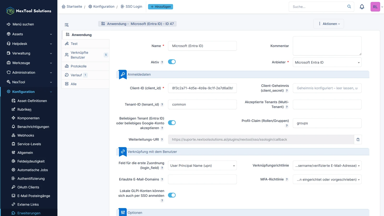 Anwendung Microsoft Entra ID in SSO Login: Client-ID, verschlüsselt gespeichertes Geheimnis, Tenant, Multi-Tenant, Gruppen-Claim und Weiterleitungs-URI zum Kopieren