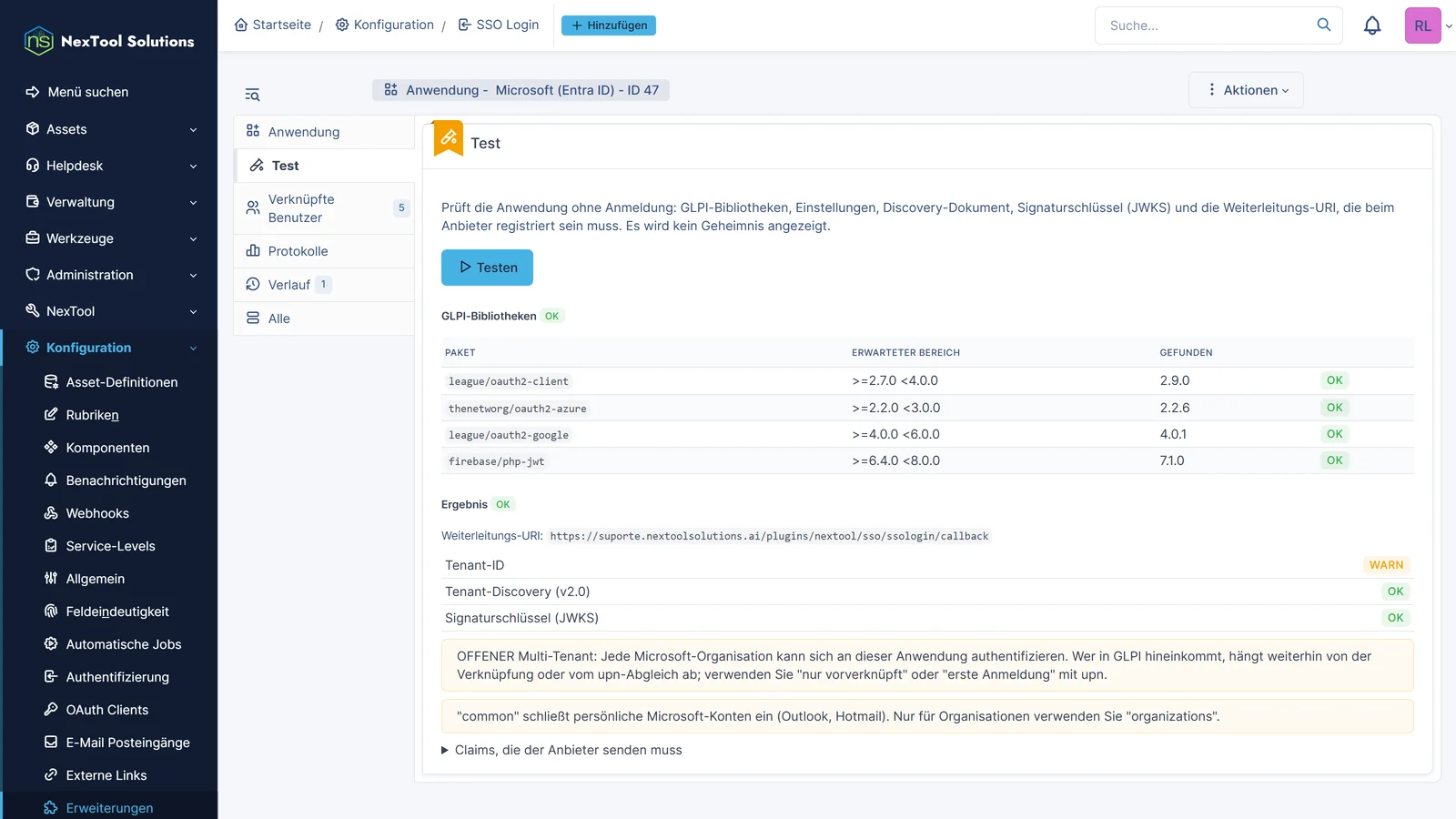 Reiter Test der Anwendung in SSO Login: GLPI-Bibliotheken, Tenant-Discovery und Signaturschlüssel (JWKS) ohne Anmeldung geprüft, mit Konfigurationshinweisen