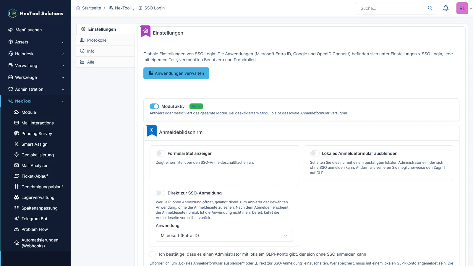 Einstellungen von SSO Login: Formulartitel, lokale Anmeldung ausblenden und direkt zur Microsoft-Anmeldung, mit der Bestätigung, dass ein lokaler Administrator existiert