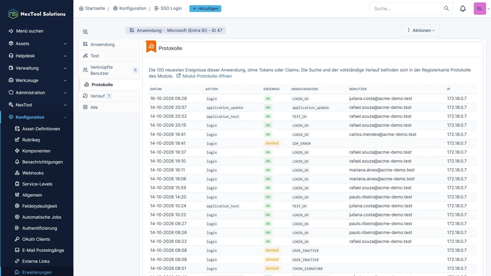 Reiter Protokolle der Anwendung in SSO Login: jede Anmeldung mit Ergebnis und Ursachencode wie LOGIN_OK, USER_INACTIVE und IDP_ERROR, ohne Tokens oder Claims