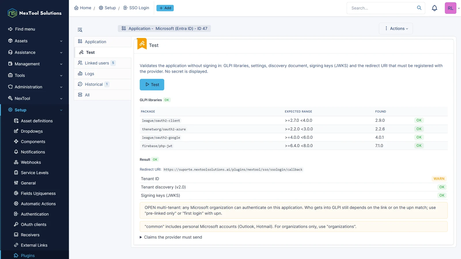 Вкладка «Тест» приложения в SSO Login: библиотеки GLPI, discovery тенанта и ключи подписи (JWKS) проверяются без входа, с предупреждениями о настройке