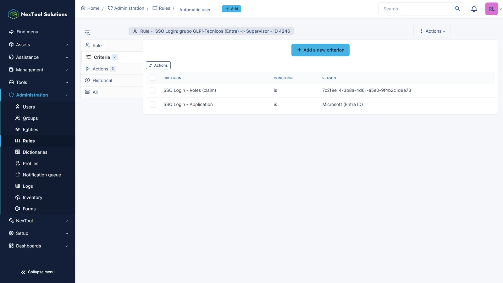 Правило назначения полномочий GLPI с критериями SSO Login: группа Entra ID (claim ролей) и приложение, чтобы выдавать профиль по группе провайдера