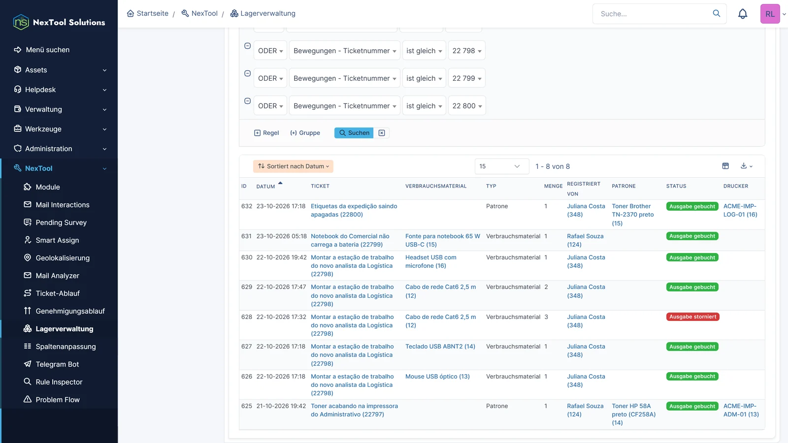 Bewegungsbericht im GLPI-Raster: Ticket, Verbrauchsmaterial oder Patrone, Drucker, Menge, Techniker und Status, mit Export