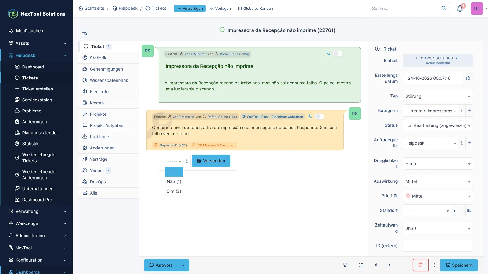 Ticket mit der Diagnoseaufgabe von SubTask Flow: Der Techniker wählt Ja oder Nein direkt in der Timeline, das Badge zeigt die 2 möglichen nächsten Aufgaben