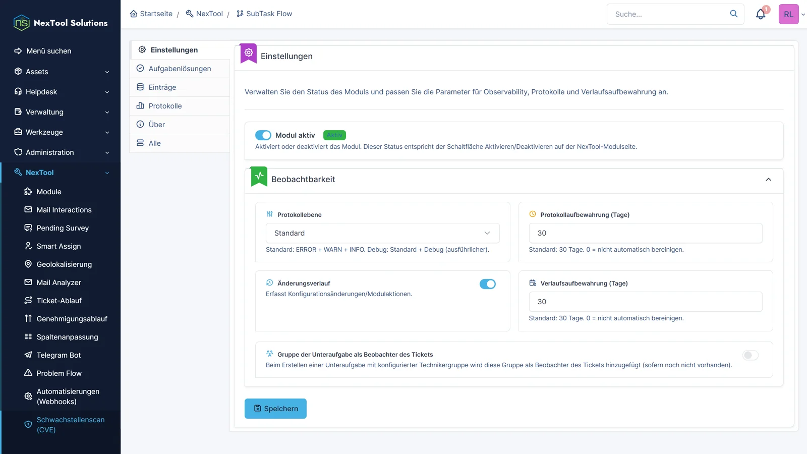 Reiter Einstellungen von SubTask Flow: Modul aktiv, Log-Stufe und Aufbewahrung sowie die Option, die Gruppe der Unteraufgabe als Beobachter des Tickets hinzuzufügen