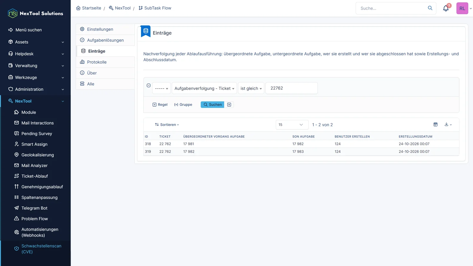 Reiter Einträge von SubTask Flow, nach einem Ticket gefiltert: jede übergeordnete Aufgabe, die erzeugte Unteraufgabe, wer sie ausgelöst hat sowie Erstell- und Abschlussdatum