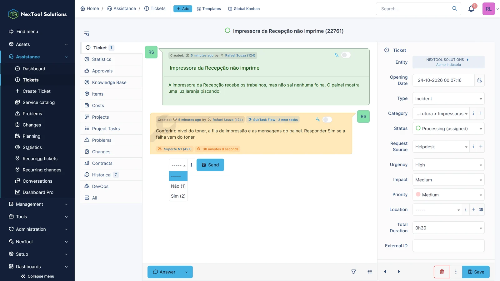 Заявка с задачей диагностики SubTask Flow: специалист выбирает «Да» или «Нет» прямо в хронологии, а значок показывает 2 возможные следующие задачи