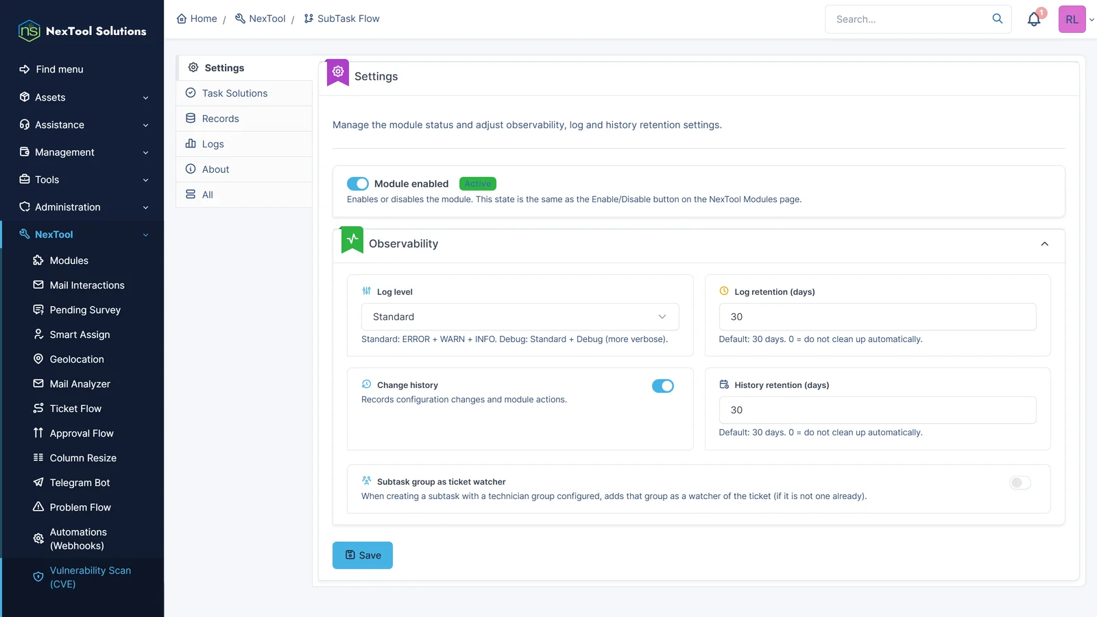Вкладка настроек SubTask Flow: модуль включён, уровень и срок хранения журналов, а также опция добавлять группу подзадачи наблюдателем заявки
